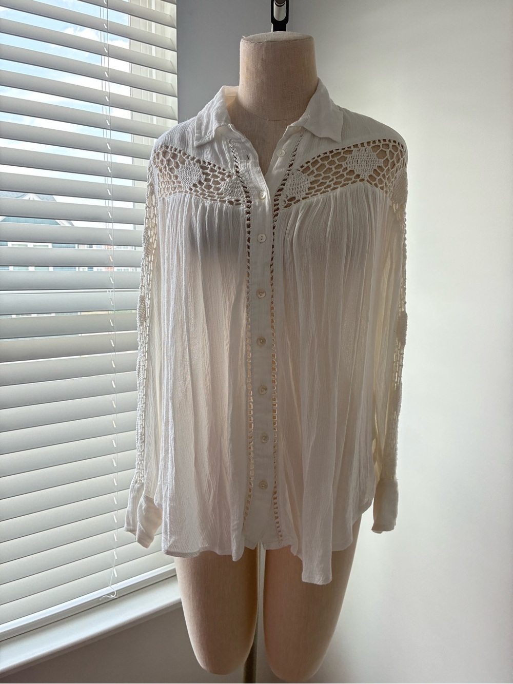 Free People Women's Katie Bird Crochet Inset White Button Down Top
